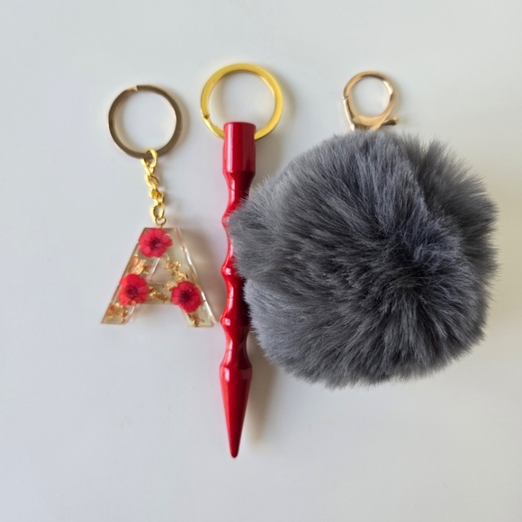 Gray Pom-Pom, Red Floral Letter “A” & Red Spike Keychains(3 Set) 🌺(2 for $10) - Picture 5 of 17